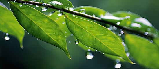 Poster - The water droplets from the rain that stuck on the leaves after the rain stopped falling. Creative banner. Copyspace image