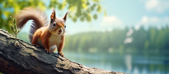 Poster - Russian squirrel at a tree looking to the camera. Creative banner. Copyspace image