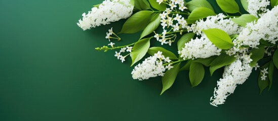 Sticker - Creative flat lay composition with blooming white lilac on a green background Spring concept Nature background Top view copy space