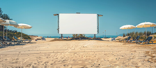 Wall Mural - A blank white billboard in the middle of a sandy beach with beach umbrellas and lounge chairs set up in the distance