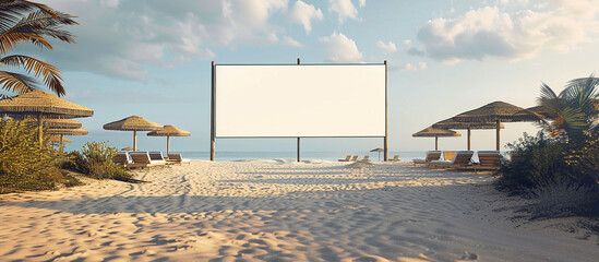 Wall Mural - A blank white billboard in the middle of a sandy beach with beach umbrellas and lounge chairs set up in the distance