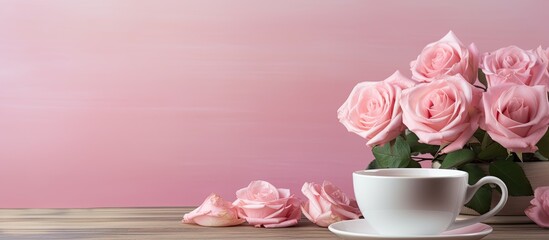 Poster - A cup of coffee with pink rose. Creative banner. Copyspace image