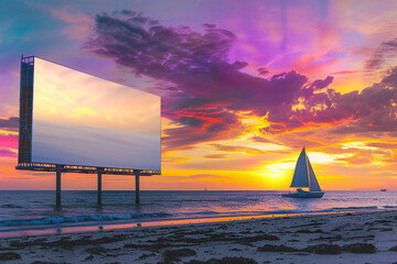 Wall Mural - A blank white billboard on a beach with a sailboat passing by in the background and a colorful sunset painting the sky