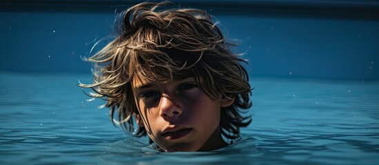 Poster - Boy with wet hair peeps out of the blue water of the pool On open air. Creative banner. Copyspace image