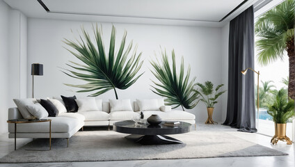 Wall Mural - creative layout of colorful palm leaves on a white background in the rays of the sun, with shadows. 