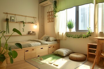 Wall Mural - Eco-Friendly Minimalist Kid's Room: Natural wood bed, green accents, organic decor, and eco-friendly storage