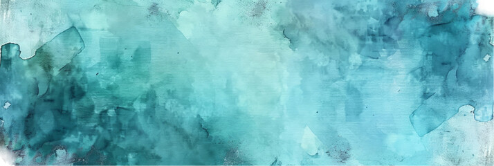 Abstract watercolor painting with shades of teal, turquoise, and blue. Horizontal artistic background isolated on transparent background. Art and design theme for creative projects and print