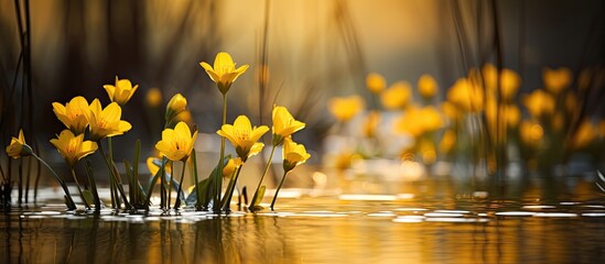 Poster - Spring background with yellow flowering plants of gold color in early spring Beautiful yellow flowers The splendor of marsh flowers Marsh flowers close up Swamp landscape. Creative banner