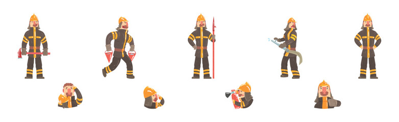 Wall Mural - Funny Man Firefighter Character in Uniform Vector Set