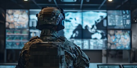 Wall Mural - Soldier in tactical gear monitors control room screens in command center. Concept Military Surveillance, Command Center, Tactical Gear, Monitoring Screens, Soldier