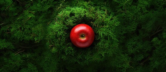 Poster - The red apple lies on the green moss The view from the top. Creative banner. Copyspace image