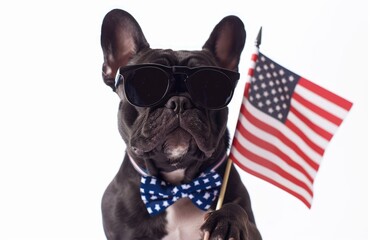 Wall Mural - French Bulldog with sunglasses holding American flag, american dog, happy 4th july Happy Independence day, Happy Memorial day, Labor day