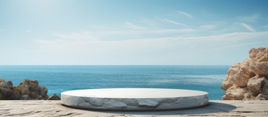 Aufkleber - Stone rocky pedestal or podium in front of sea ocean background Empty product template Summer vibe Mock up Stage for advertising. Creative banner. Copyspace image