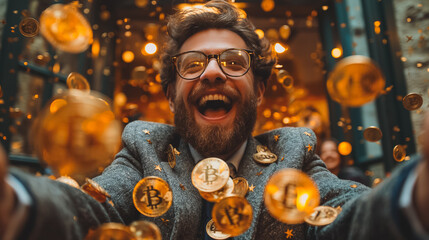 Wall Mural - A man is throwing gold coins into the air while wearing a suit and glasses