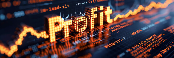 Concept art representing profit, soft focus illustration of the word profit and digital charts. Business finance concept.