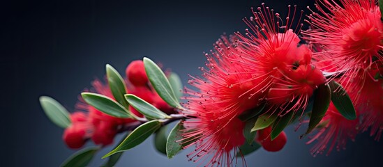 Poster - Red bottle brush tree flower branch isolated. Creative banner. Copyspace image