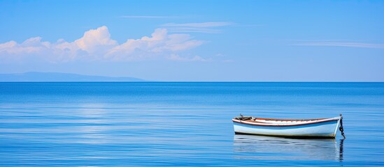 Poster - Small white boat in open sea Blue and white color. Creative banner. Copyspace image