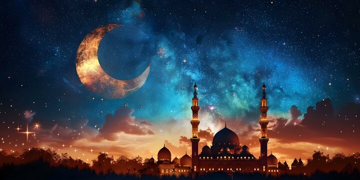 Eid al-Fitr Digital Art of Crescent Moon Mosque Against Starry Sky. Concept Digital Art, Eid al-Fitr, Crescent Moon, Mosque, Starry Sky