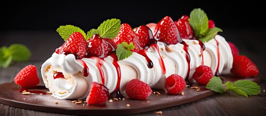 Aufkleber - Homemade Meringue roll garnished with strawberry slices. Creative banner. Copyspace image