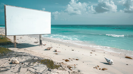 Sticker - A blank white billboard on a beach with a gentle slope leading to the turquoise waters of the ocean and a few seashells scattered around