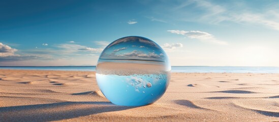 Poster - glass ball floating at the beach. Creative banner. Copyspace image