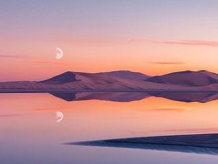 The image shows a beautiful sunset over a calm lake, with a crescent moon reflected in the water