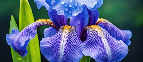 Poster - a beautiful bright blue purple Iris germanica plant flower detailed closeup macro against green garden background. Creative banner. Copyspace image