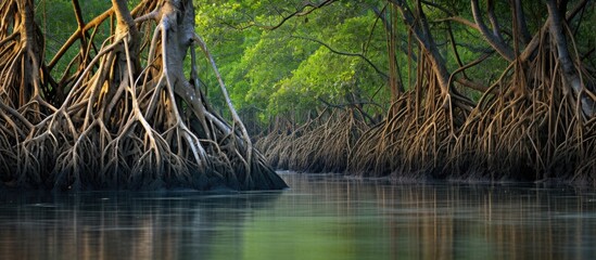 Poster - Roots and foliage of mangrove forest. Creative banner. Copyspace image