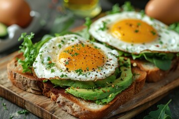 Bread with fried eggs, avocado and herbs