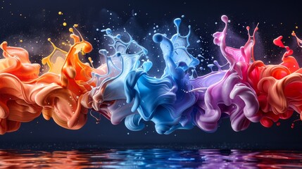 Wall Mural - a stunning visual display showcasing vibrant splashes of liquid in orange, blue, and pink tones agai