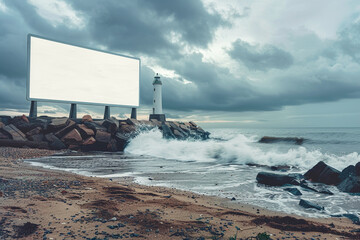 Wall Mural - A blank white billboard on a beach with a lighthouse in the distance waves crashing against the rocks and a cloudy sky