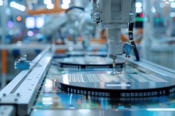 Poster - Robotic manufacturing of semiconductors and computer chips from silicon wafers. Modern technology concept