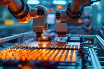 Poster - Robotic manufacturing of semiconductors and computer chips from silicon wafers. Modern technology concept