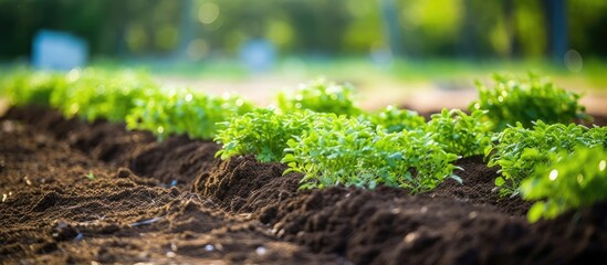 Aufkleber - Weeding beds with agricultura plants growing in the garden Weed control in the garden Cultivated land close up Agricultural work on the plantation. Creative banner. Copyspace image
