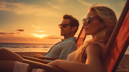 A young, stylish couple relaxing on the beach, enjoying a beautiful sunset.