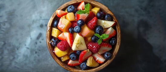 Fresh Fruit Salad in a Wooden Bowl from Above.