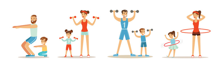 Wall Mural - Parent and Child Doing Sportive Physical Exercise and Training Together Vector Set