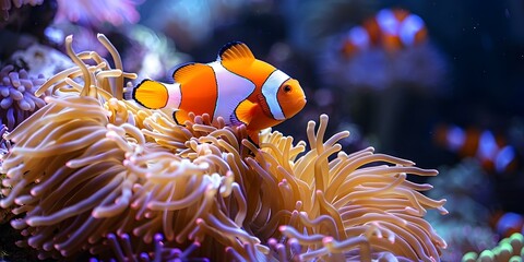 Wall Mural - Clownfish Find Refuge in Anemone Tentacles Amidst Vibrant Coral Reef. Concept Marine Life, Symbiotic Relationships, Coral Reefs, Clownfish, Anemones