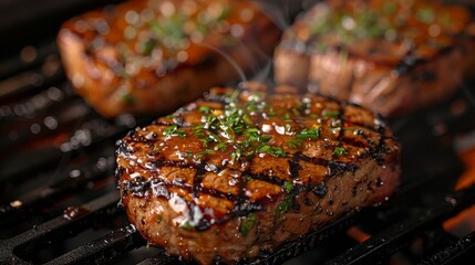 Wall Mural - Juicy steak on the grill topped with a vibrant sprinkle of fresh herbs and spices