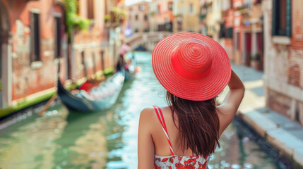 Woman with summer dress and red sun hat enjoying the view of a canal with gondola in venice italy - Tourist and travel vacation concept - Models by AI generative