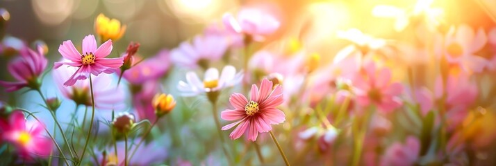 a field of pink cosmos flowers blossoms in the warm sunlight of a summer day, creating a vibrant and