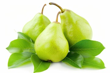 Wall Mural - Green pears with leafs on white background