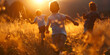 © agrus_aiart - Three little kids running in the meadow at sunset. Happy childhood