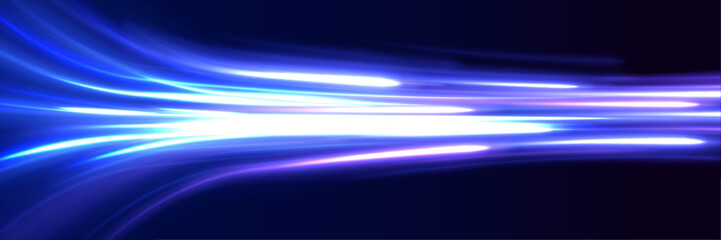 abstract image of speed motion on the road. vector glitter light fire flare trace. dark blue abstrac