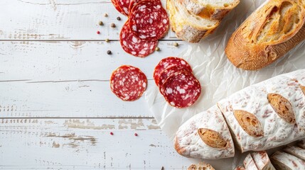 Wall Mural - Salami and bread on white wooden surface seen from above with empty space