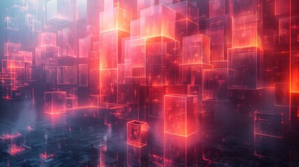 Canvas Print - a digital art piece featuring glowing 3d blocks in a vast array of pinks and reds symbolizing data o
