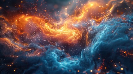 Abstract Panorama of a Glowing hearth Interconnected with Digital Nodes, Illustrating Deep Blue Background
