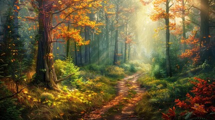 Sticker - Forest of green with trees displaying autumn hues a winding path and sunlight filtering through mist and leaves