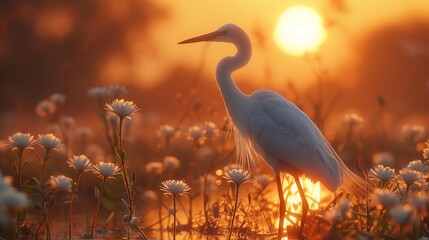 Great white egret, Great white heron wading through water at sunset, AI generated