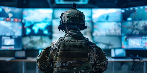 Wall Mural - Soldier in tactical gear monitors surveillance screens in command center. Concept Security Monitoring, Tactical Gear, Command Center, Surveillance Screens, Soldier